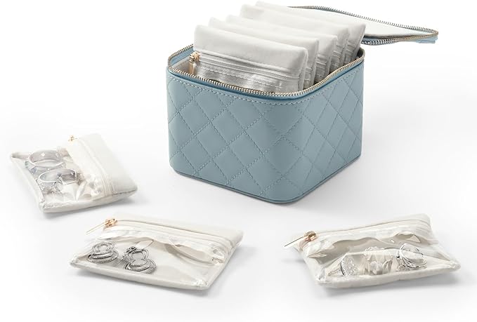 Travel Jewelry Box Organizer - Small Jewelry Case with 6 Small Velvet Zipped Pouches Pockets for Jewelry Necklaces Rings Earrings Storage(Blue)