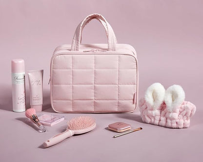 BAGSMART Travel Toiletry Bag with Jewelry Organizer, Hanging Travel Bag for Toiletries, Puffy Makeup Cosmetic Bag Organizer, Carry-on Travel Accessories Essentials, Pink-M