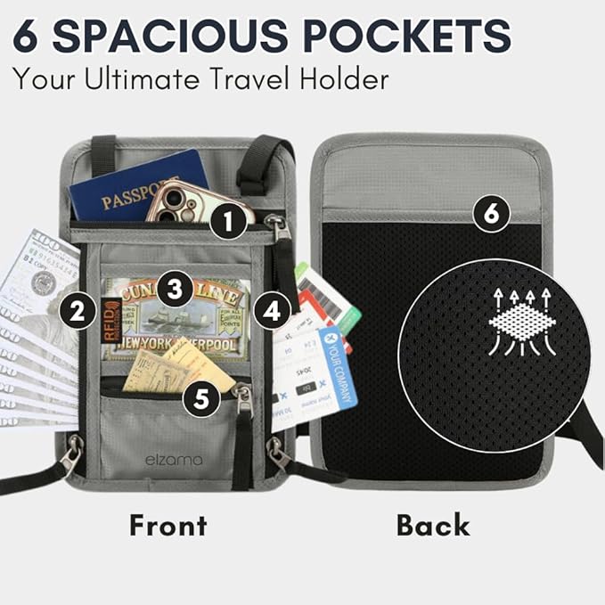 elzama Travel Wallet Passport Holder, RFID Neck Wallet for Traveling Men Women, Super Slim Lightweight Travel Pouch Document Holder Passport Wallet with Neck Strap, Light Grey