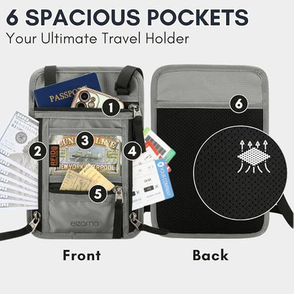 elzama Travel Wallet Passport Holder, RFID Neck Wallet for Traveling Men Women, Super Slim Lightweight Travel Pouch Document Holder Passport Wallet with Neck Strap, Light Grey