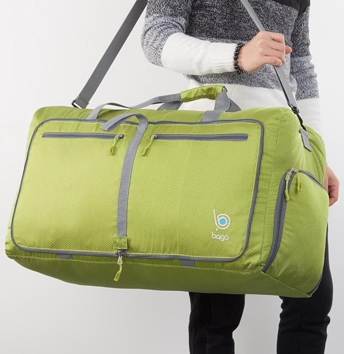 Bago Large Foldable Duffel Bags for Traveling Women & Men - 80L Packable Duffle Bag for Travel with Shoe Compartment - Water Repellant, Heavy Duty, Lightweight Folding & Collapsible (Green)