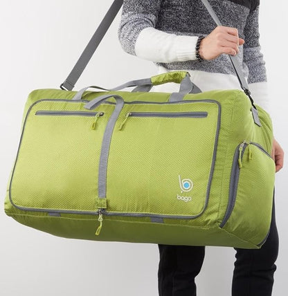 Bago Large Foldable Duffel Bags for Traveling Women & Men - 80L Packable Duffle Bag for Travel with Shoe Compartment - Water Repellant, Heavy Duty, Lightweight Folding & Collapsible (Green)