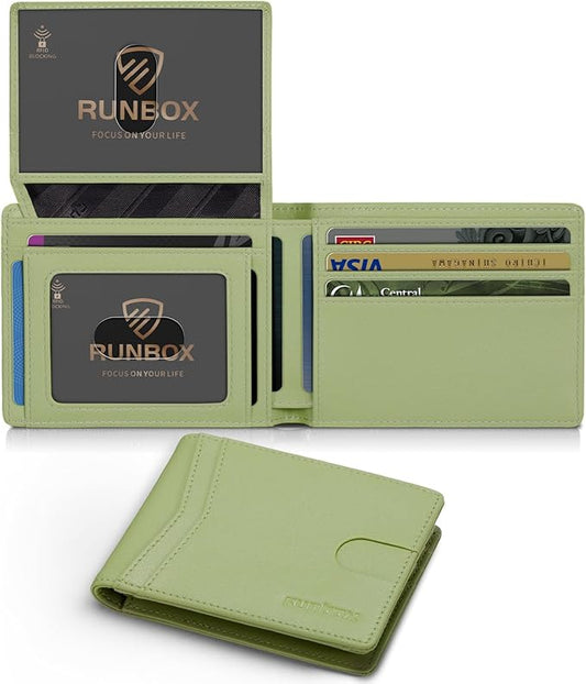 RUNBOX Wallet for Men Slim Rfid Leather 2 ID Window With Gift Box