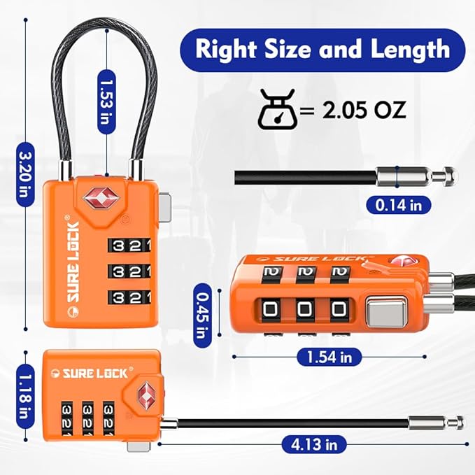 SURE LOCK TSA Approved Combination Luggage Locks with Open Alert Indicator – Durable Zinc Alloy Cable Travel Locks with Large Easy-Read Dials for Suitcases, Backpacks & Gym Bags Orange 4 Pack