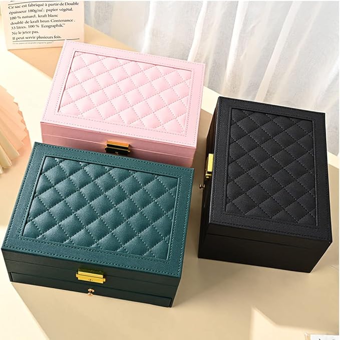 GUOER Jewelry Organizer Box for Women - Large PU Leather Jewelry Organizer Storage Case with Two Layers Display for Earrings Bracelets Rings Watches (Pink)