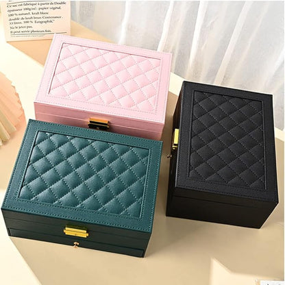 GUOER Jewelry Organizer Box for Women - Large PU Leather Jewelry Organizer Storage Case with Two Layers Display for Earrings Bracelets Rings Watches (Pink)