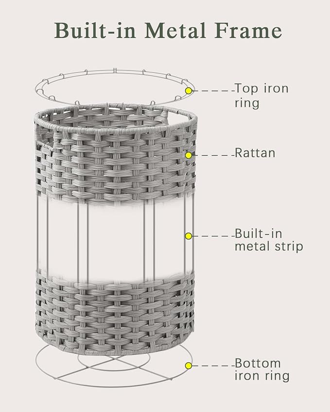 Laundry Basket Round Rattan Laundry Hamper 29.1 Gal (110 L) Handwoven Large Wicker Basket with Handles, Wicker Hamper with Removable Bags and 2 Mesh Bags for Bathroom Living Room Gray