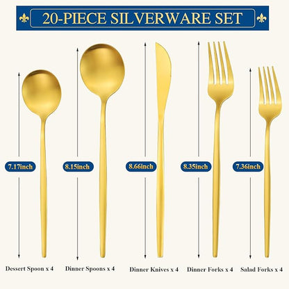 Matte Gold Stainless Steel Flatware Set for 4, 20-Piece Cutlery Tableware with Spoons and Forks, Dishwasher Safe