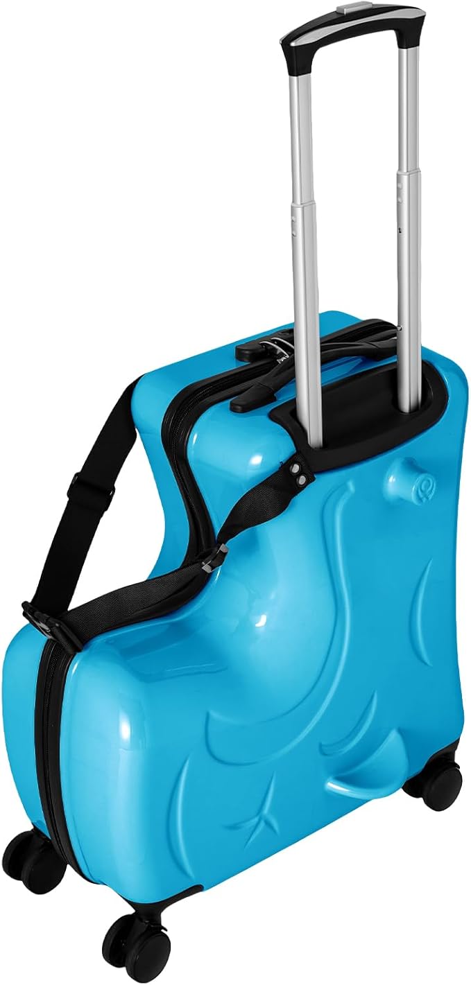 20 Inch Kids Ride-On Suitcase, Horse-Shaped Children's Travel Luggage with 4 TPE Wheels & Password Lock, 66lbs Capacity Carry-On Trolley for Ages 3-6 (Blue)