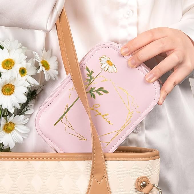 callie Personalized Birth Flower Jewelry Box with Mirror & LED 3 Adjustable Light, Custom Name - Travel Makeup Box Case, Birthday Christmas Gift for Women Girls