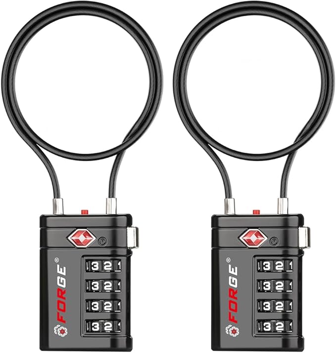 Forge TSA Approved Luggage Locks 4 Digit Combination TSA Travel Locks with TSA008, Open Alert Indicator, Zinc Alloy Body for Luggage, Suitcase, Backpack, and More. 2 15'' Cable Locks.