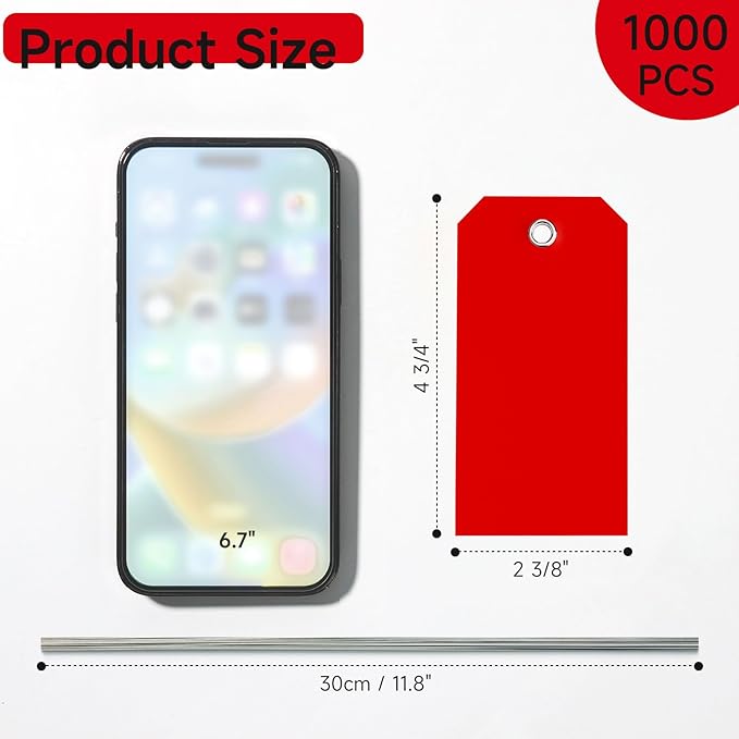 1000 Pieces Plastic Shipping Tags with Wire Labeling Tags Waterproof Hang Tags with Reinforcement Hole Writable Luggage tag Loops for Equipment Inventory Parts Garage (Red, 4 3/4" x 2 3/8")
