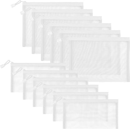 12 Pieces Zipper Nylon Mesh Pouch, Mesh Cosmetic Bags Makeup Bags Pencil Case, Multipurpose Travel Bags for Cosmetic School Office Supplies and Travel Accessories (White, A5+B6)