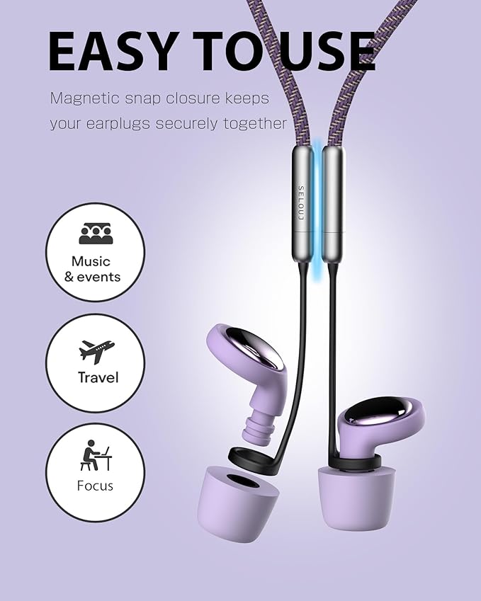 Ear Plugs for Sleeping and Concerts with Cord, Anti-Loss Reusable Earplugs, Ultra-Comfy Earplugs, 45dB Noise Reducing, Hearing Protection for Travel & Focus, 7 Pair Silicone & Foam Eartips, Viloet