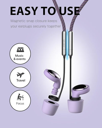 Ear Plugs for Sleeping and Concerts with Cord, Anti-Loss Reusable Earplugs, Ultra-Comfy Earplugs, 45dB Noise Reducing, Hearing Protection for Travel & Focus, 7 Pair Silicone & Foam Eartips, Viloet