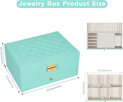 GUOER Jewelry Box for Women Girl Wife - Large PU Leather Jewelry Organizer Storage Case with Two Layers Display for Earrings Bracelets Rings Watches (Teal)