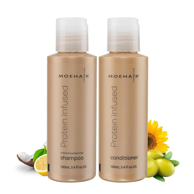 Moehair Travel Sized Toiletries (Protein-Infused Shampoo & Conditioner) | Travel Shampoo and Conditioner Set | Repairs Damaged Hair | Sulfate, Paraben-Free Haircare For All Hair Types (3.4 Fl.Oz)