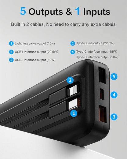 Portable Charger 20000Mah with 2 Built-in Cable,22.5W Power Bank Fast Charging,Travel Essentials Battery Pack,Digital Display Compatible with iPhone 16 15 14 13 Samsung Android Phone Etc
