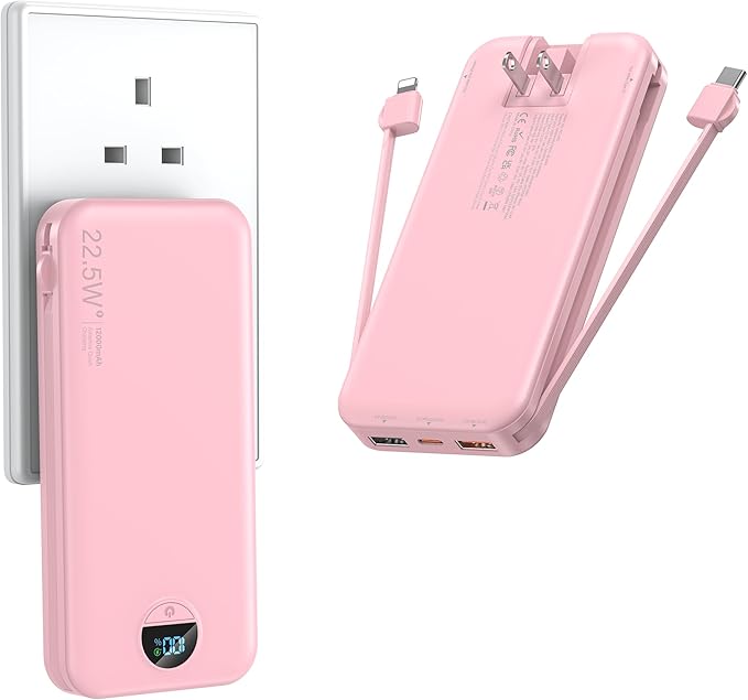 Portable Charger with Wall Plug, 12000mAh USB C Power Bank Fast Charging, External Battery Pack with Built in Cables, Digital Display, 5 Output 4 Input for iPhone Android Cell Phone Tablet