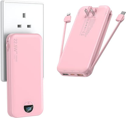 Portable Charger with Wall Plug, 12000mAh USB C Power Bank Fast Charging, External Battery Pack with Built in Cables, Digital Display, 5 Output 4 Input for iPhone Android Cell Phone Tablet