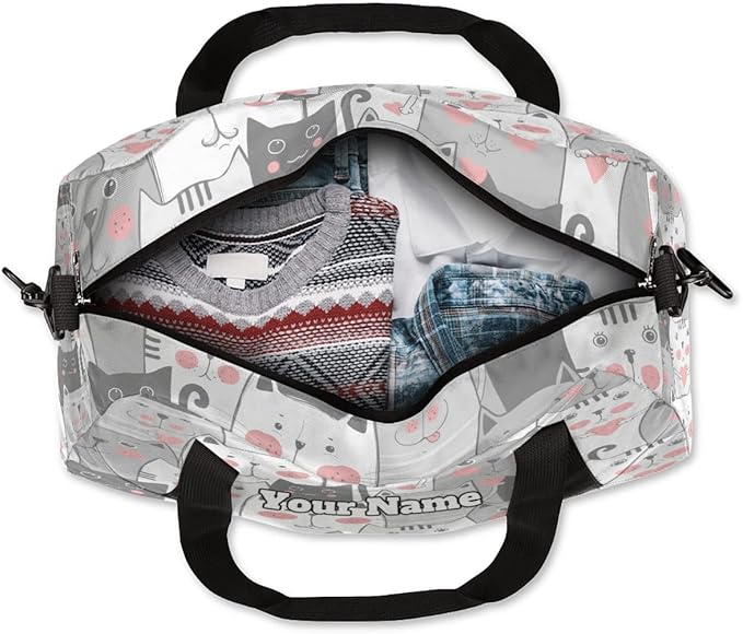 Custom Your Name Lovely Grey Cats Heart Personalized Text Gym Duffle Bag for Kids,Sports Bag for Teens Boys & Girls Small Waterproof Overnight Weekender Carry Practice Travel Bag