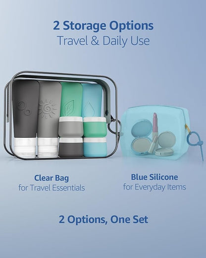 23-Piece All-in-One Silicone Travel Bottles Set – TSA Approved Leakproof Toiletry Kit with Double Bags, Flat Easy-Squeeze Bottles with Tactile Icons, Cream Jars, Pump & Spray, Cleaning Brush
