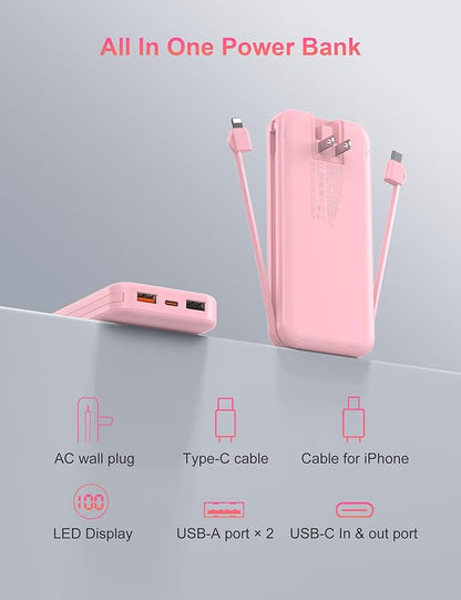 Portable Charger with Wall Plug, 12000mAh USB C Power Bank Fast Charging, External Battery Pack with Built in Cables, Digital Display, 5 Output 4 Input for iPhone Android Cell Phone Tablet