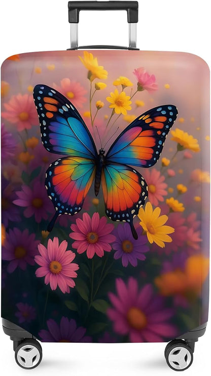 ANNA QUEEN Vibrant Butterfly Luggage Cover, Colorful Floral Design with Rainbow Butterfly, Stretchable, Washable Travel Sleeve for 20-34 Inch Luggage