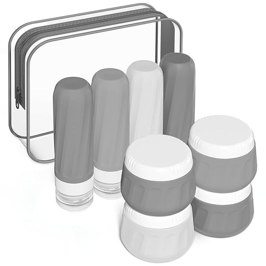 Travel Bottles for Toiletries 8 Pack, Travel Size Toiletries, Tsa Approved Travel Size Containers 3oz, with Travel Essentials Clear Bag, Leak Proof Silicone Squeezable Creams Jars