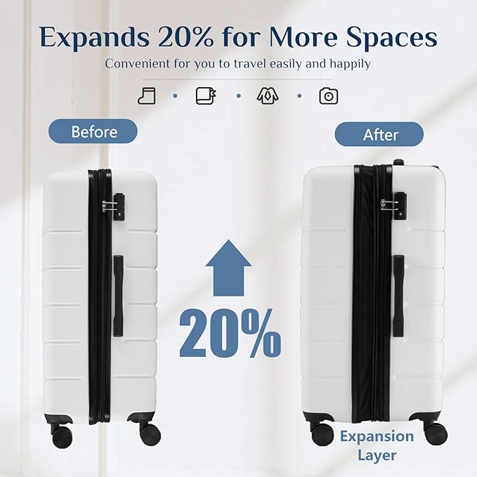NEWBULIG Suitcases Spinner Wheels Lightweight Expandable Travel Hard Shell Luggage with TSA Lock, White, 3-PCS Set (20/24/28 Inch)