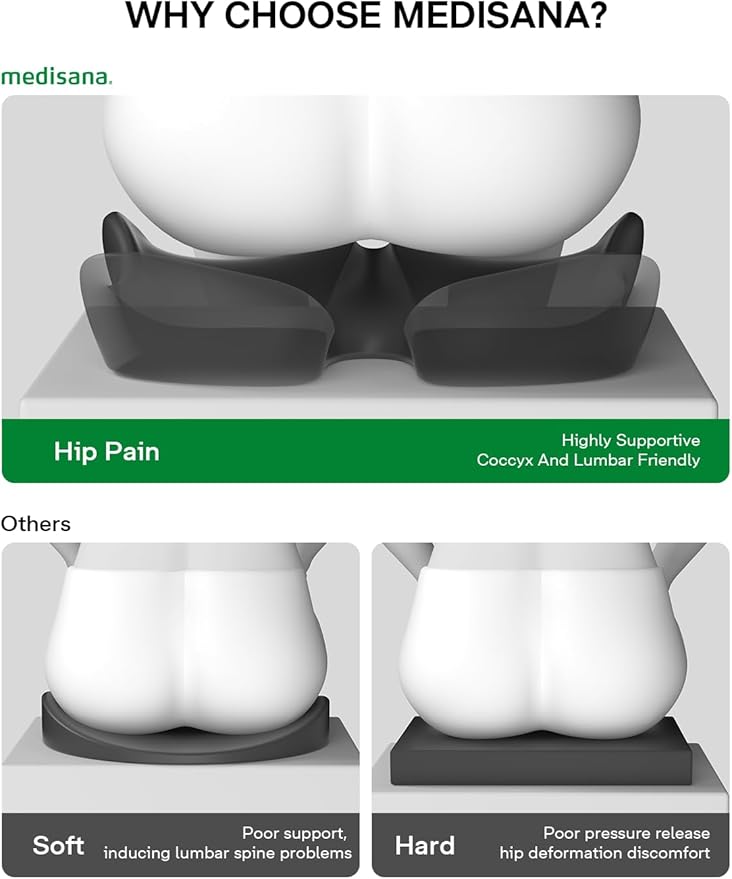 Medisana Seat Cushion, SC 200B Seat Cushions for Office Chairs, Car Seat, Wheelchair - Sciatica & Tailbone & Coccyx Pain Relief Pillow for Driver Sedentary People（Size:22.8 * 16.5 * 4.3 in-Black）