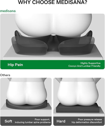 Medisana Seat Cushion, SC 200B Seat Cushions for Office Chairs, Car Seat, Wheelchair - Sciatica & Tailbone & Coccyx Pain Relief Pillow for Driver Sedentary People（Size:22.8 * 16.5 * 4.3 in-Black）