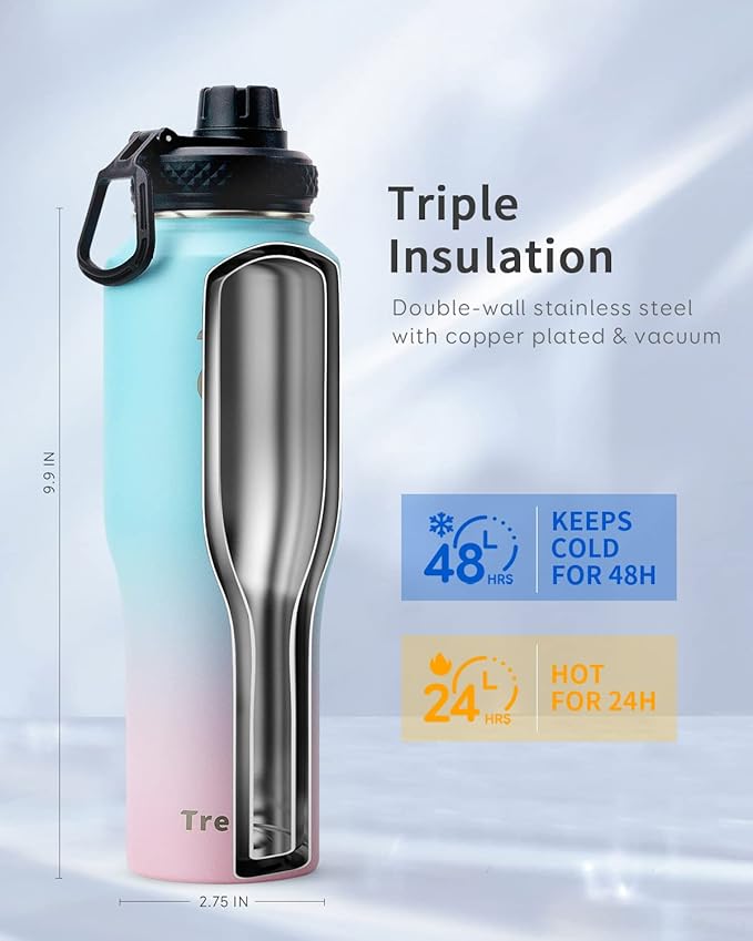 Trebo 32oz Insulated Water Bottle that Fits in Cup Holder, Stainless Steel Triple Wall Tumbler Flask Bottles with Paracord Handle, with Straw Spout Lids, Keep Cold for 48 Hrs/Hot 24 Hrs,Bubble Gum