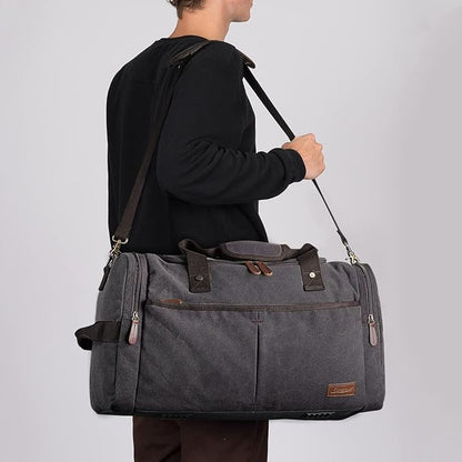 S-ZONE 65L Expandable Canvas Duffle Bag Travel Overnight Holdall Weekend Bag with Shoes Compartment Large Carry On Bag Tote Gym Bag for Men Women, Grey, L