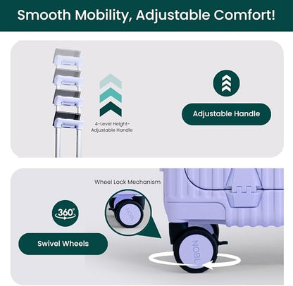 Nobl Travel Carry On Luggage, Noble Zipperless Aluminum Frame PC Hard Shell Suitcase, 20.8"x15"x8.7" Airline Approved, 360° Spinner Wheels, TSA Locks, USB Charging Port, Cup & Phone Holder - Lavender