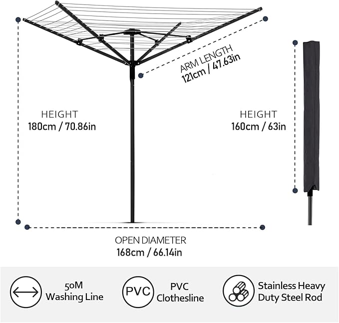 Umbrella Clothesline Outdoor, Rotary Retractable Clothes Line Outdoors Adjustable Height Drying Rack Clothing 4 Arms 12 Lines with 165 Feet Heavy Duty Outdoor Clothesline for Backyard