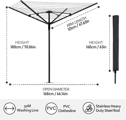 Umbrella Clothesline Outdoor, Rotary Retractable Clothes Line Outdoors Adjustable Height Drying Rack Clothing 4 Arms 12 Lines with 165 Feet Heavy Duty Outdoor Clothesline for Backyard