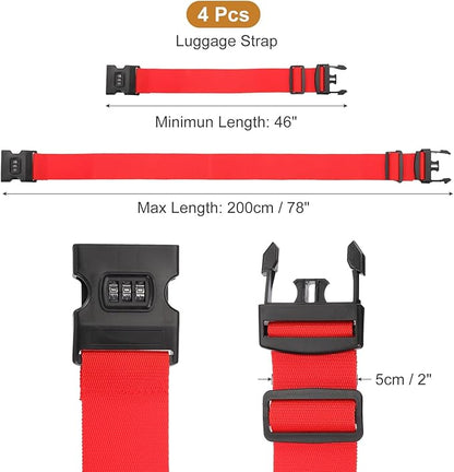 MECCANIXITY Luggage Straps with Combination Lock Adjustable Suitcase Belt Strap for Suitcase Briefcase Backpack Travel, Red, Pack of 4