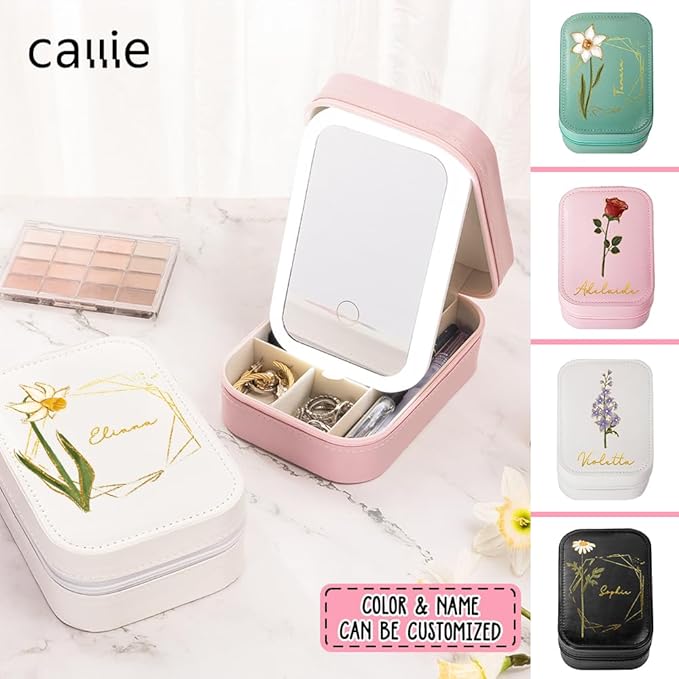 callie Personalized Birth Flower Jewelry Box with Mirror & LED 3 Adjustable Light, Custom Name - Travel Makeup Box Case, Birthday Christmas Gift for Women Girls