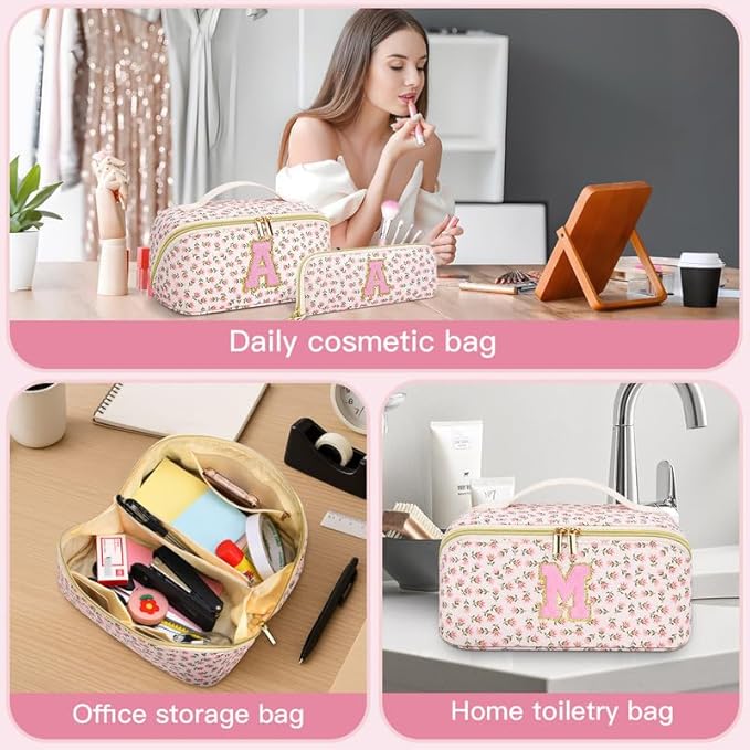 Personalized Travel Makeup Bag Set,Initial Travel Cute Floral Makeup Organizer Bag,Toiletry Skincare Cosmetic Bag,Christmas Gifts for Women/Girls,Open Flat Toiletry Pouch with Brush Pocket-N