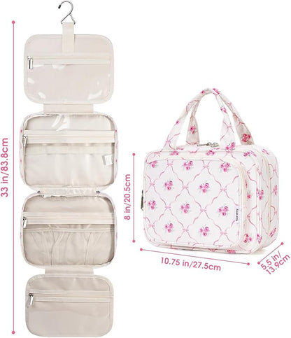 Narwey Hanging Toiletry Bag for Women Travel Makeup Bag Organizer Toiletries Bag for Travel Size Essentials Accessories Cosmetics (Bowknot and Flower (Medium))