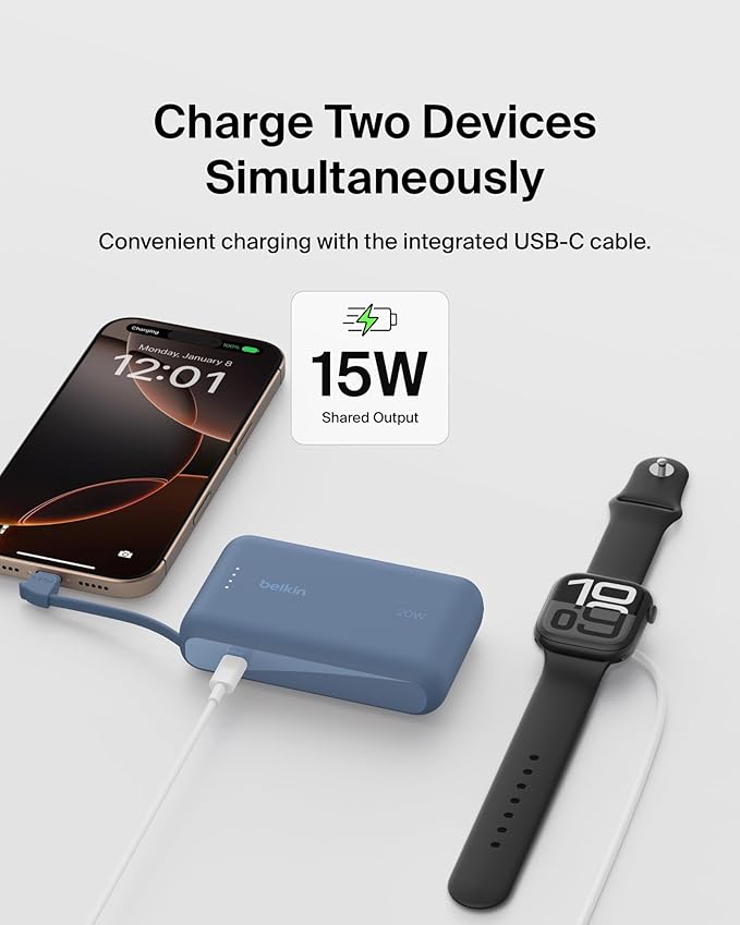 Belkin Portable Charger, Portable Power Bank with Integrated Cable 10000 mAh 20W - Fast Charge USB C Power Delivery - iPhone 17, Air, Pro, Pro Max, iPad, AirPods, Apple Watch, Galaxy S25, etc. - Blue