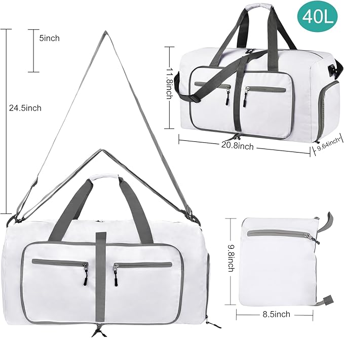 Dimayar 40L Travel Duffle Bag for Men Women - Foldable Duffel Bag with Shoes Compartment - Overnight Bags Waterproof & Tear Resistant(White)