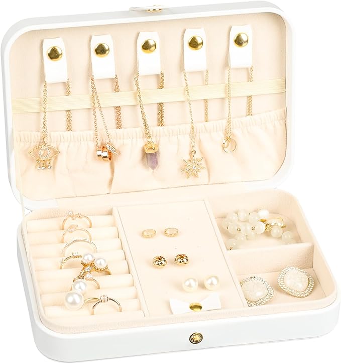 Small Jewelry Box, Travel Jewelry Case Portable Jewelry Boxes for Women, 2-Layer Mini Jewelry Travel Organizer, Gift for Women Girls,White B
