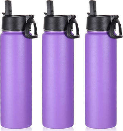 Volhoply 24oz Insulated Water Bottle With Straw Bulk 3 Pack,Metal Wide Mouth Water Bottles With Handle Keep Cold,Reusable Double Wall Cups,Powder Coated Sport Bottle For Holder(Purple,3 Count)