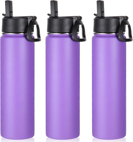 Volhoply 24oz Insulated Water Bottle With Straw Bulk 3 Pack,Metal Wide Mouth Water Bottles With Handle Keep Cold,Reusable Double Wall Cups,Powder Coated Sport Bottle For Holder(Purple,3 Count)