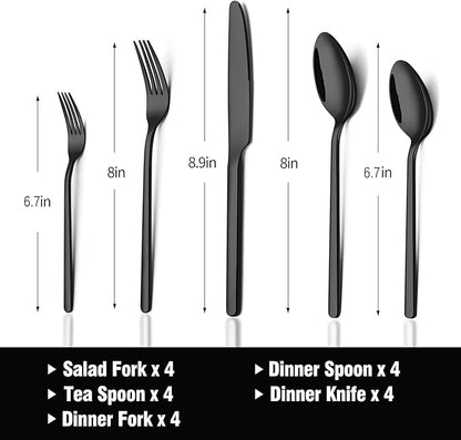 KINGSTONE Black Silverware Set, 20-Piece Flatware Set for 4, 18/10 Stainless Steel Cutlery for Home Kitchen and Restaurant