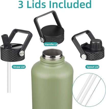 Insulated Water Bottle with Straw,87 oz 3 Lids Water Jug with Carrying Bag,Paracord Handle,Double Wall Vacuum Stainless Steel Metal Flask,Camp Green