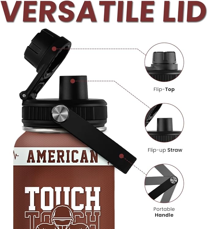 Football Water Bottle with Lid - 32oz Insulated Stainless Steel Sport Bottle - Gifts for Men Football Players Lovers Men