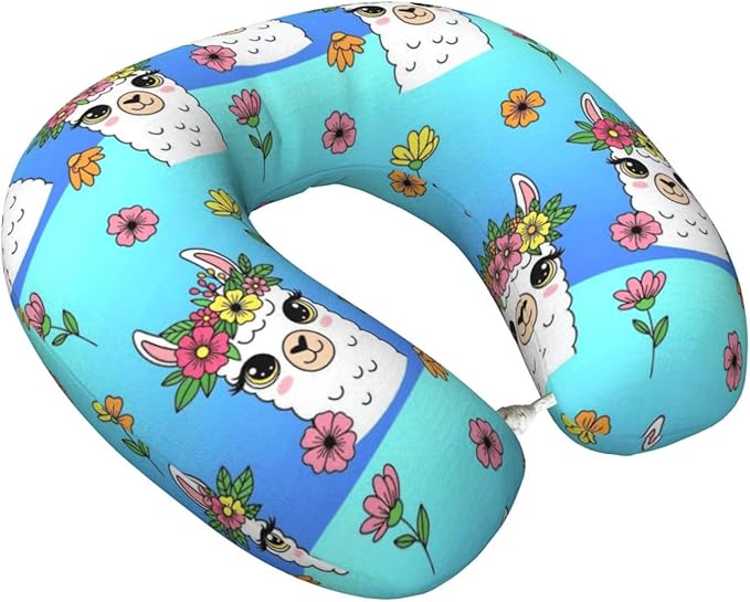 Neck Pillows for Travel Cute Alpaca Llama Flowers, Women and Men Airplane Car Pillow, Neck Support U Shaped Pillow for Rest Pain Relief Sleeping